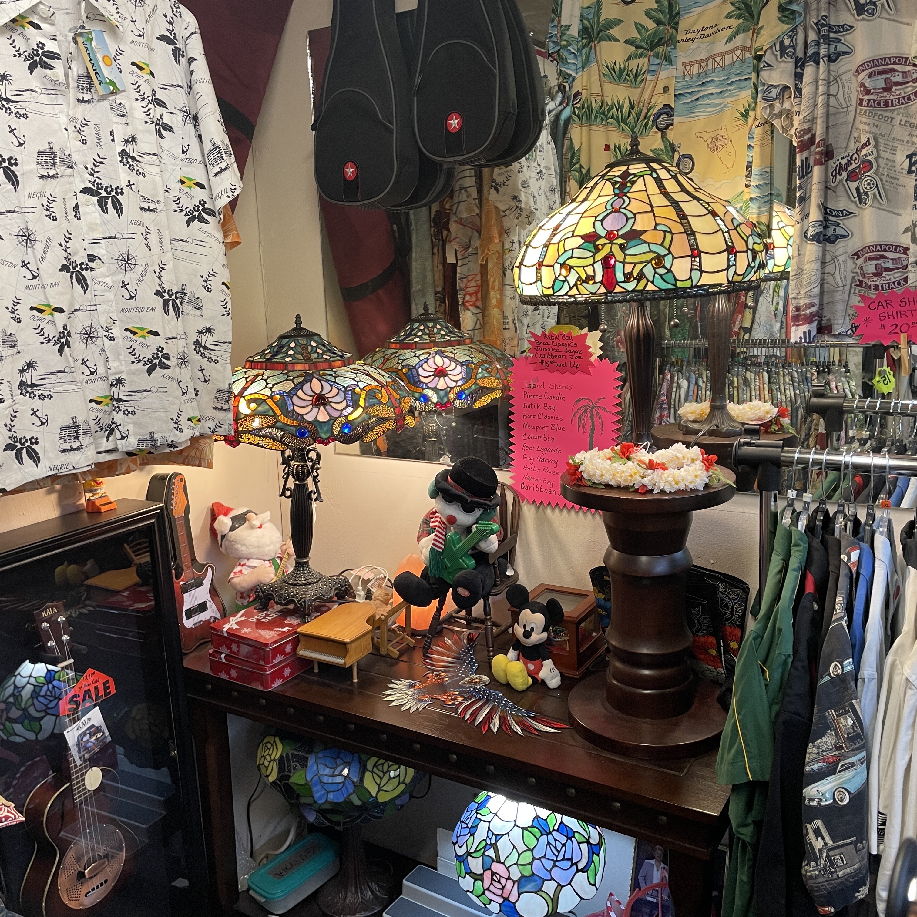 Ukuleles and aloha shirts on display at Guitar Stan's Aloha Daytona Beach shop inside the Daytona Flea & Farmers Market.