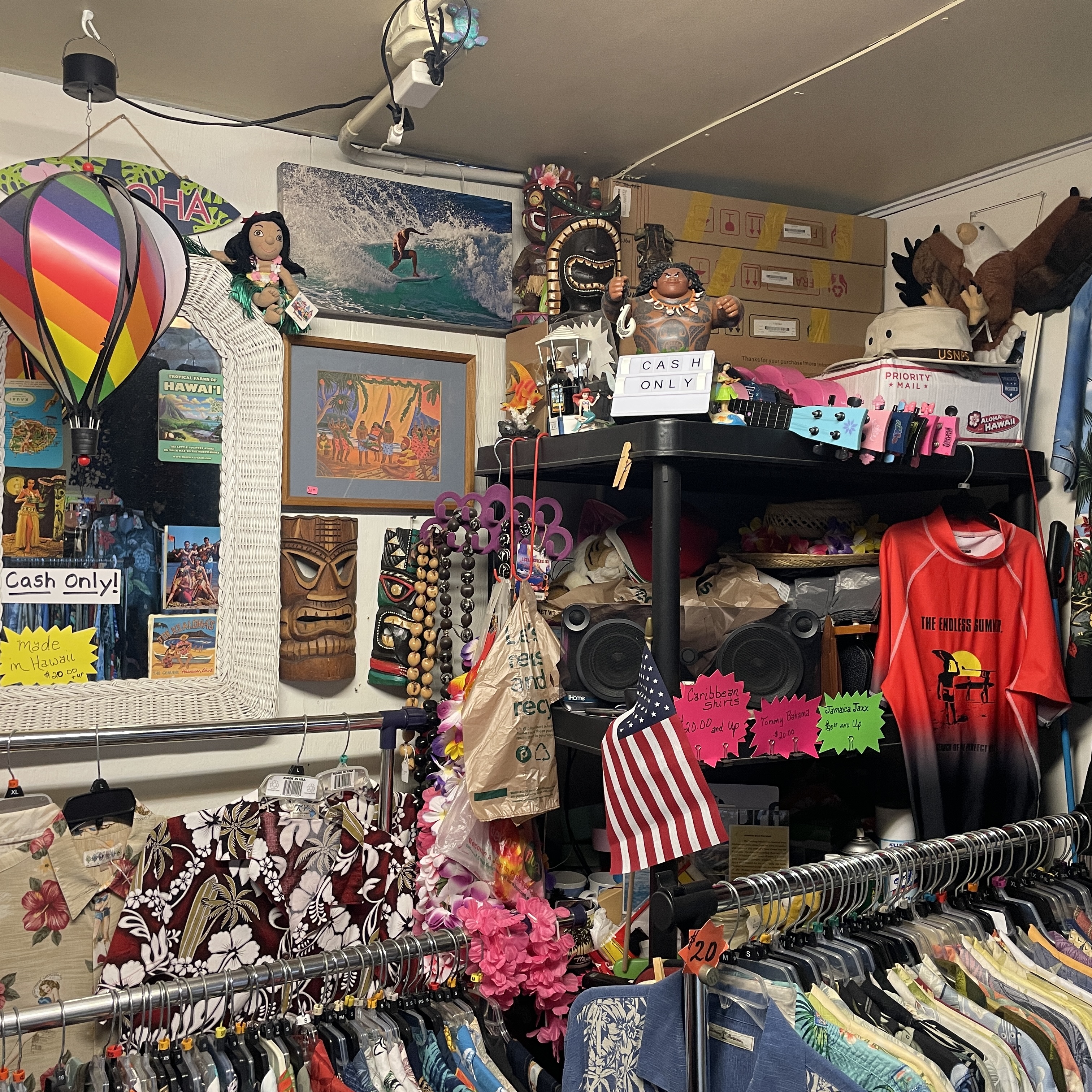 Hawaiian shirts and aloha apparel on display at Guitar Stan's Aloha Daytona Beach, Daytona Flea Market Corner Shops Mall.